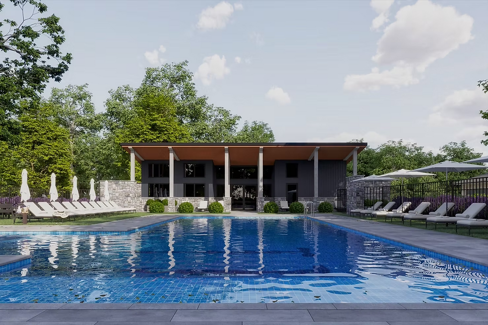 Community amenities planned for Corbett Landing in Pittsboro, including a pool, fitness room, and walking trails