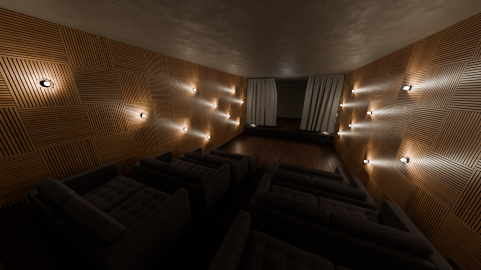 A timber themed theatre with sofa seating and gentle wall lighting.