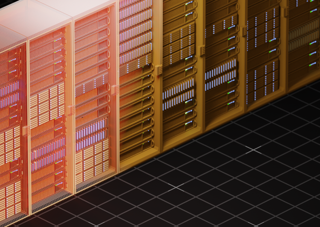 a row of servers are lined up with a blueprint effect