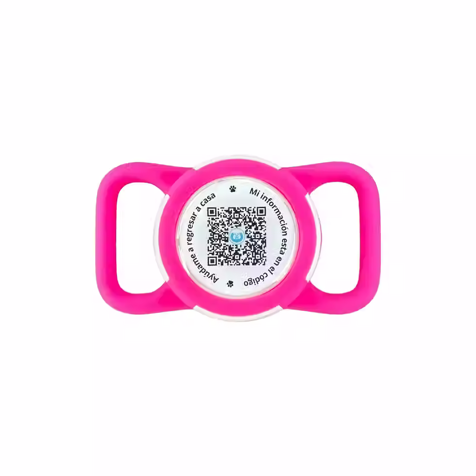Vista frontal del Porta AirTag Woofio Rosa Fuerte - Resistente al agua para mascotas, compatible con AirTag de Apple