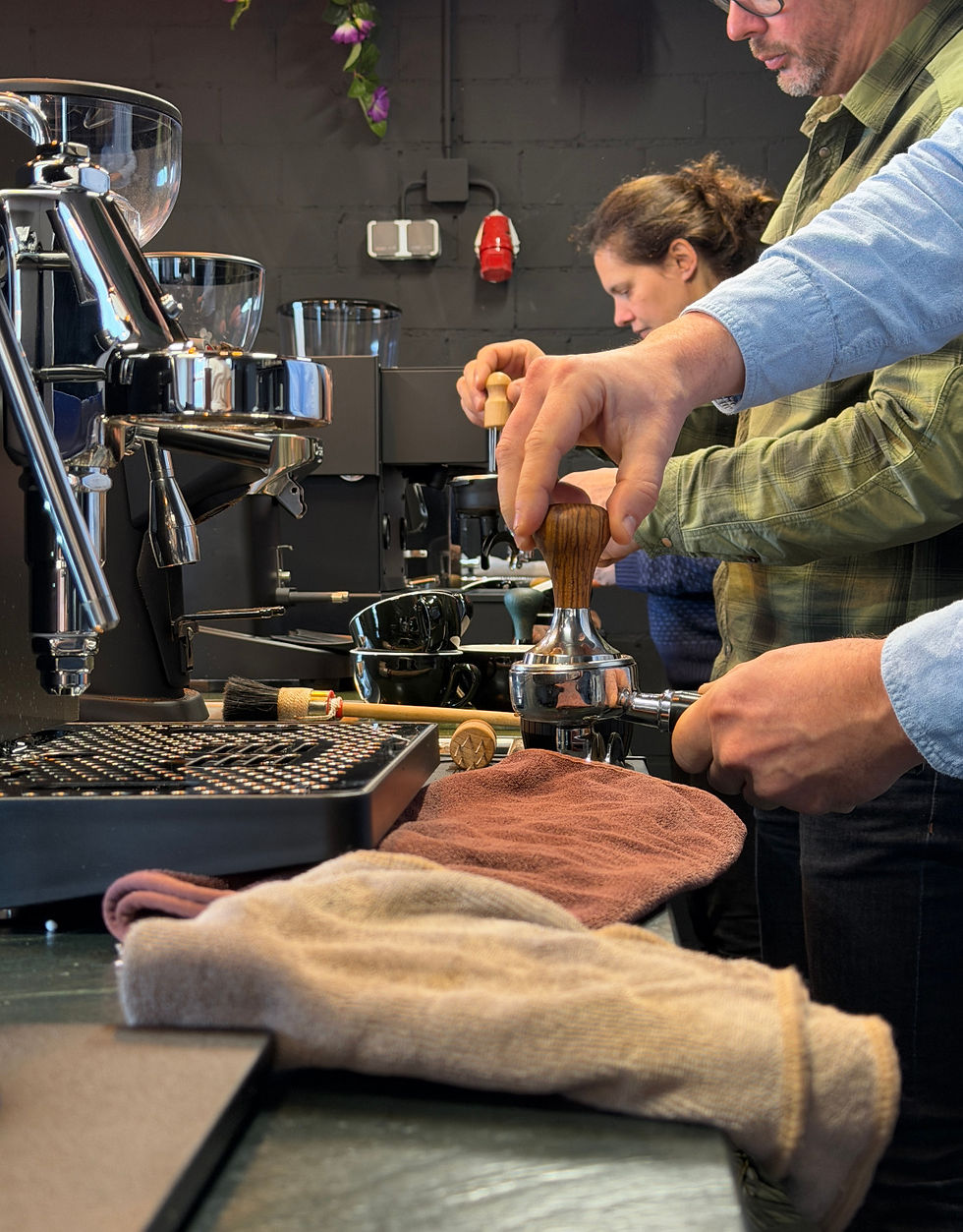 Miniaturbild: Puck Preparation und Tampen durch Teilnehmer im Barista Kurs Stuttgart für Espresso