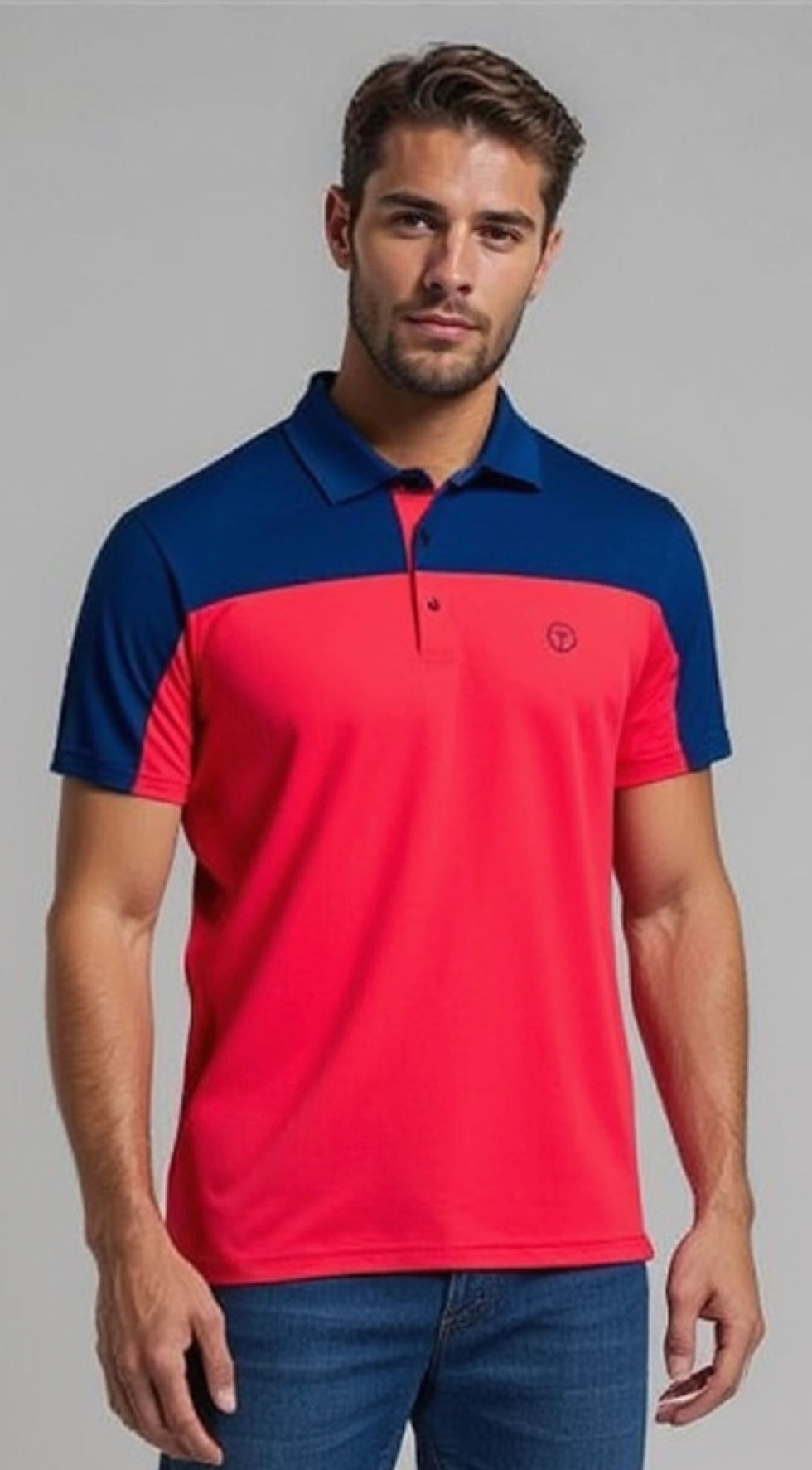Man in red and blue polo shirt and blue jeans stands against a gray background, looking confident. A small logo is on the chest.