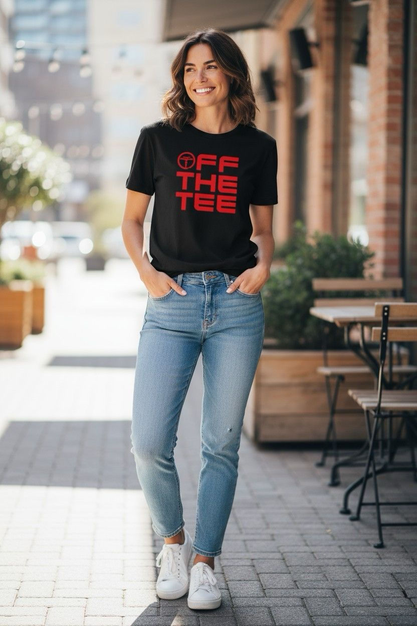 Smiling woman in black "OFF THE TEE" shirt and jeans walks on a sunny, brick-lined street. Bright, casual vibe with urban backdrop.