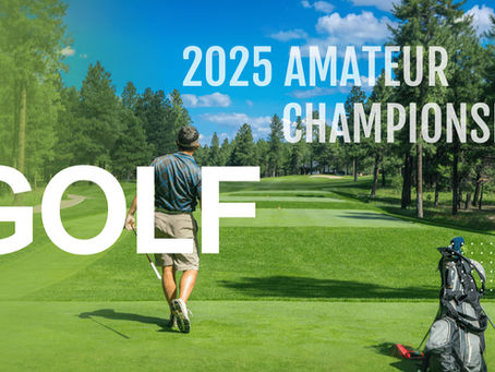 Golfer walking on a lush course, golf bag beside. Text: 2025 Amateur Championship, GOLF. Trees and blue sky in the background.