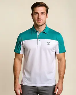 Man wearing teal and white golf polo shirt