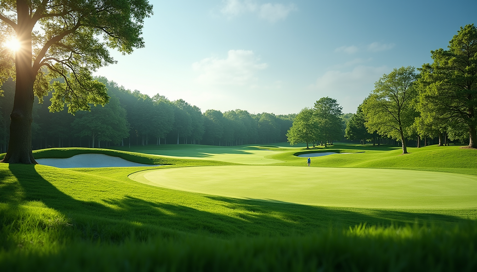 Golf course at sunrise, lush green fairways, trees, and sand bunkers. A person walks in the distance, serene and peaceful atmosphere.