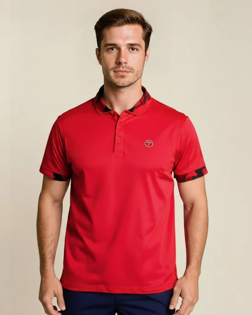 Man modeling red golf shirt