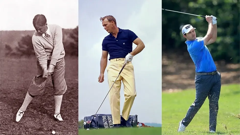 Three golfers in action: left in vintage attire swinging, center leaning on club, right completing a swing in blue shirt on green grass.