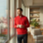 Man in a red sweater holding a mug gazes out a window, reflected in the glass. Modern room with shelves, books, and a plant in the background.