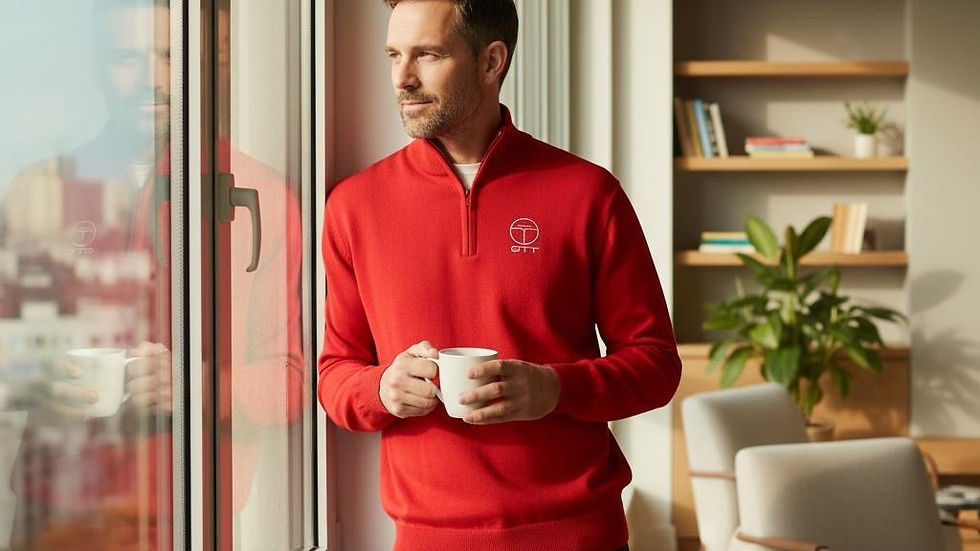 Man in a red sweater holding a mug gazes out a window, reflected in the glass. Modern room with shelves, books, and a plant in the background.