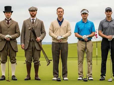 Five men dressed in vintage and modern golf attire stand on a golf course. Two flags in the background, cloudy sky overhead.