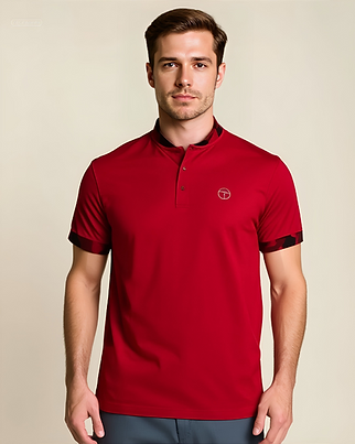 Man wearing red short-sleeve polo shirt