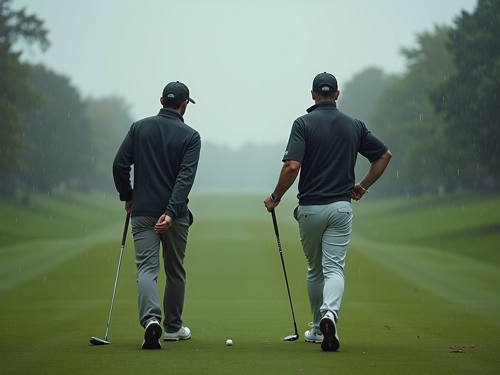 Two golfers walk down a lush, rainy fairway holding clubs, dressed in dark jackets and caps, with trees lining the misty background.
