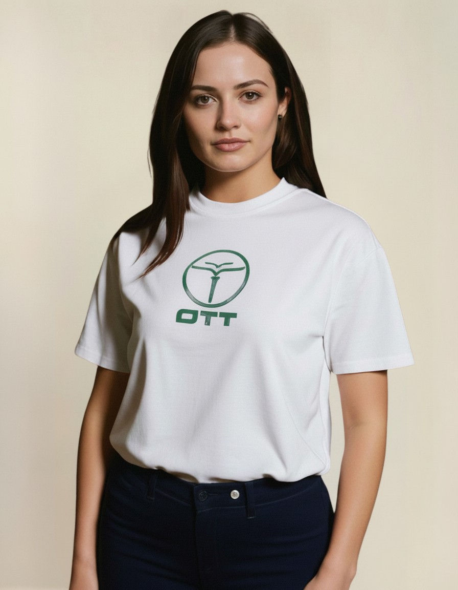 Woman wearing white OTT logo t-shirt