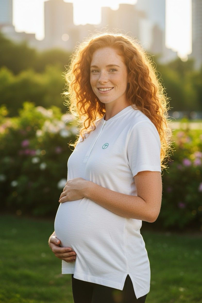 Pregnant woman with red curly hair smiles in a park. Wearing a white shirt, she stands with city skyline blurred in the background.