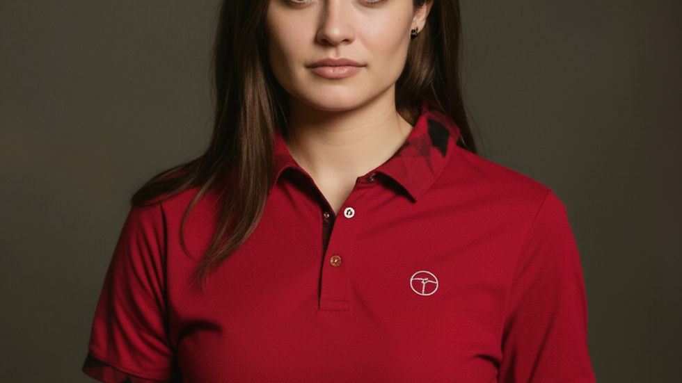 Woman in a red polo shirt with a small logo stands against a dark background, looking directly at the camera with a neutral expression.