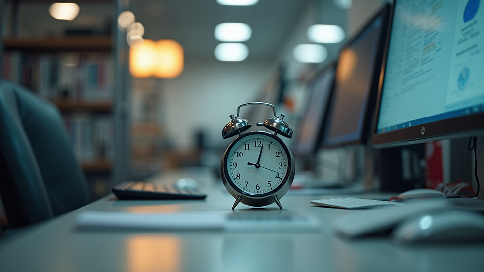 Eye-level view of an empty workstation with a clock showing late time
