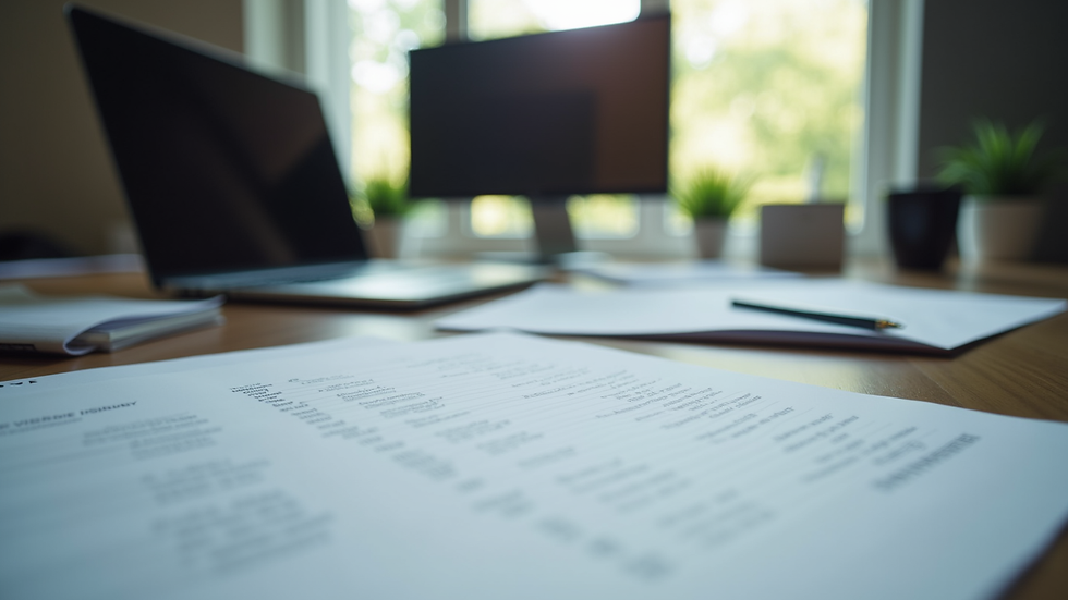 Eye-level view of a neat office desk with legal documents and a laptop