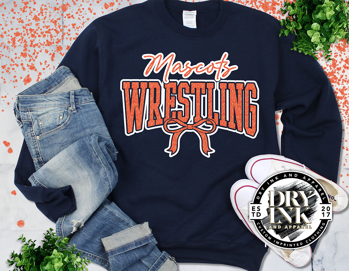laying flat is a navy gildan sweatshirt 18000 with a custom glitter wrestling design in the color glitter neon green and matt