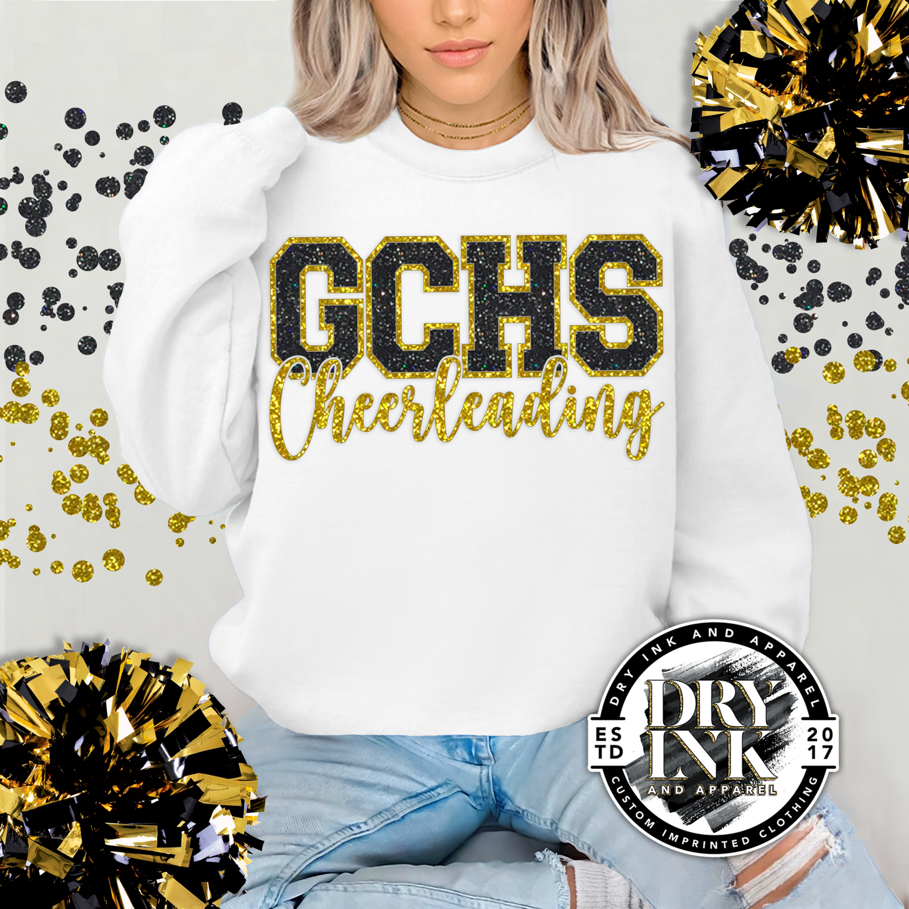 model is wearing a custom glitter cheer design on a gildan 18000 crewneck sweatshirt in the color white