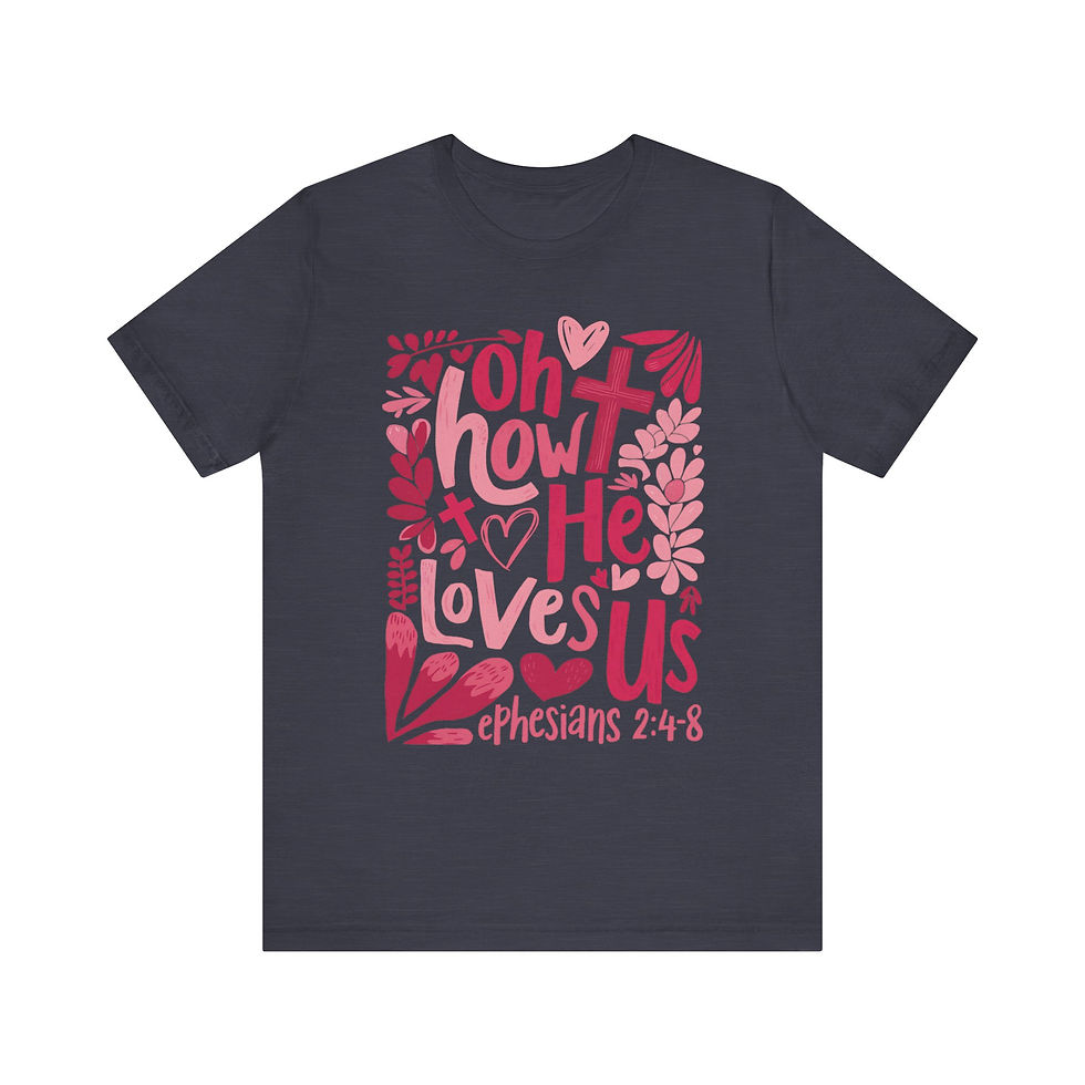 Thumbnail: Oh how he loves design on a navy tshirt by Bella+canvas 3001
