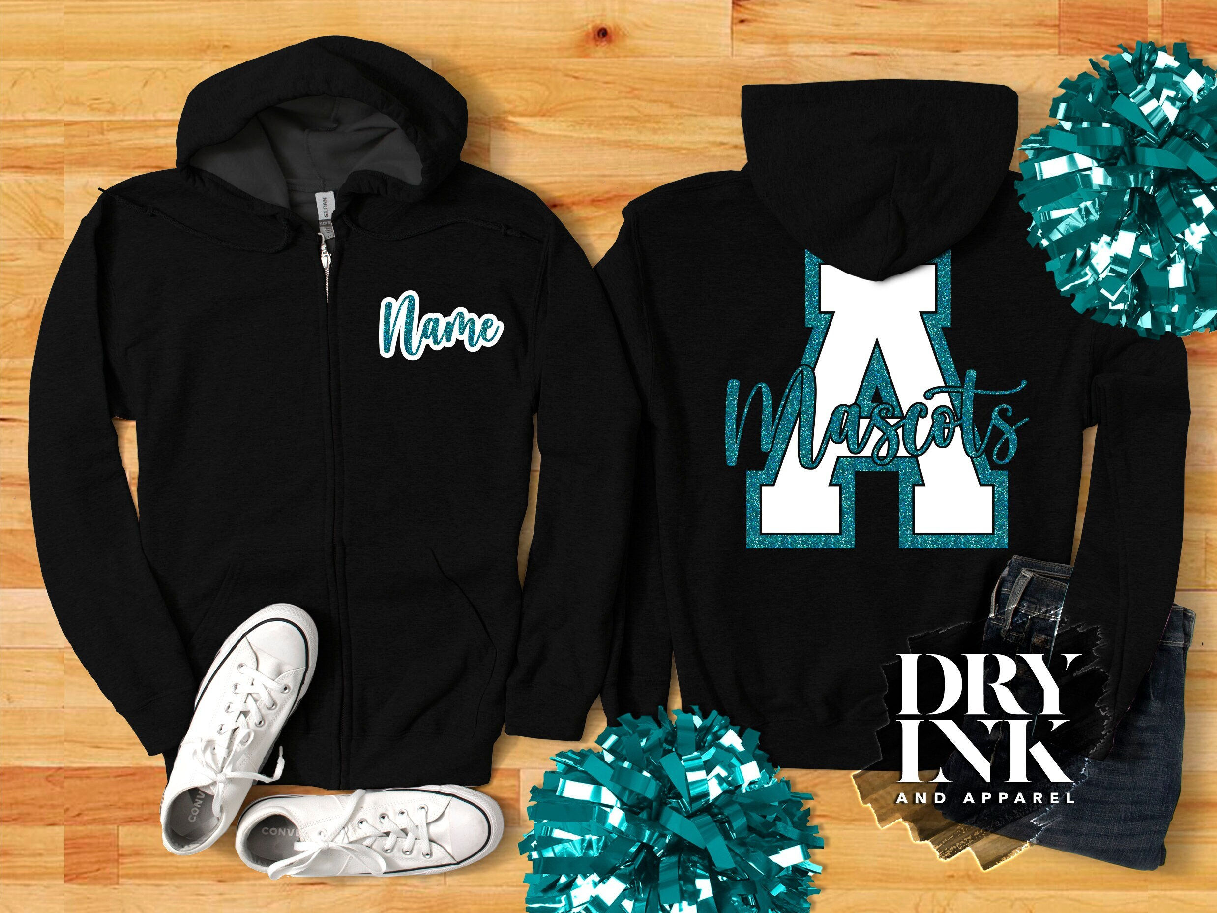 custom varsity jv glitter letter on full zip hood sweatshirt by gildan 18600