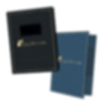 Two folders with gold accents, labeled "Solvia Financial Annual Report." One is black, the other blue, placed on a white background.