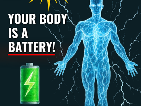 Illustration of the human body as a battery, showing energy flow through cells, fascia, and mitochondria, highlighting hydration, sunlight, grounding, and cellular charge for optimal health