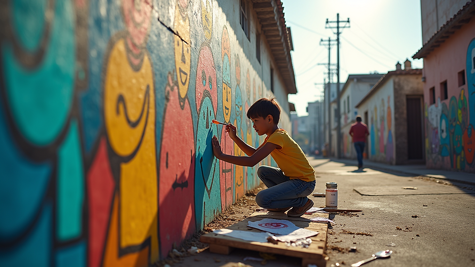 Eye-level view of a colorful community mural in progress