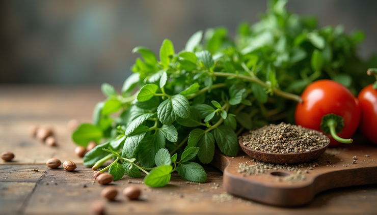 Close-up view of a variety of fresh herbs and fermented foods arranged on a wooden table