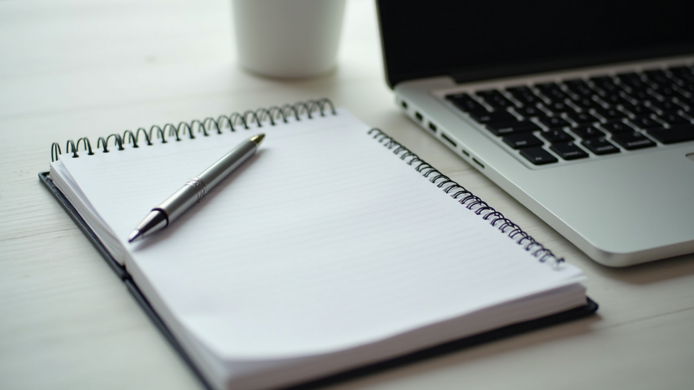 High angle view of a notebook and pen next to a laptop with privacy policy draft