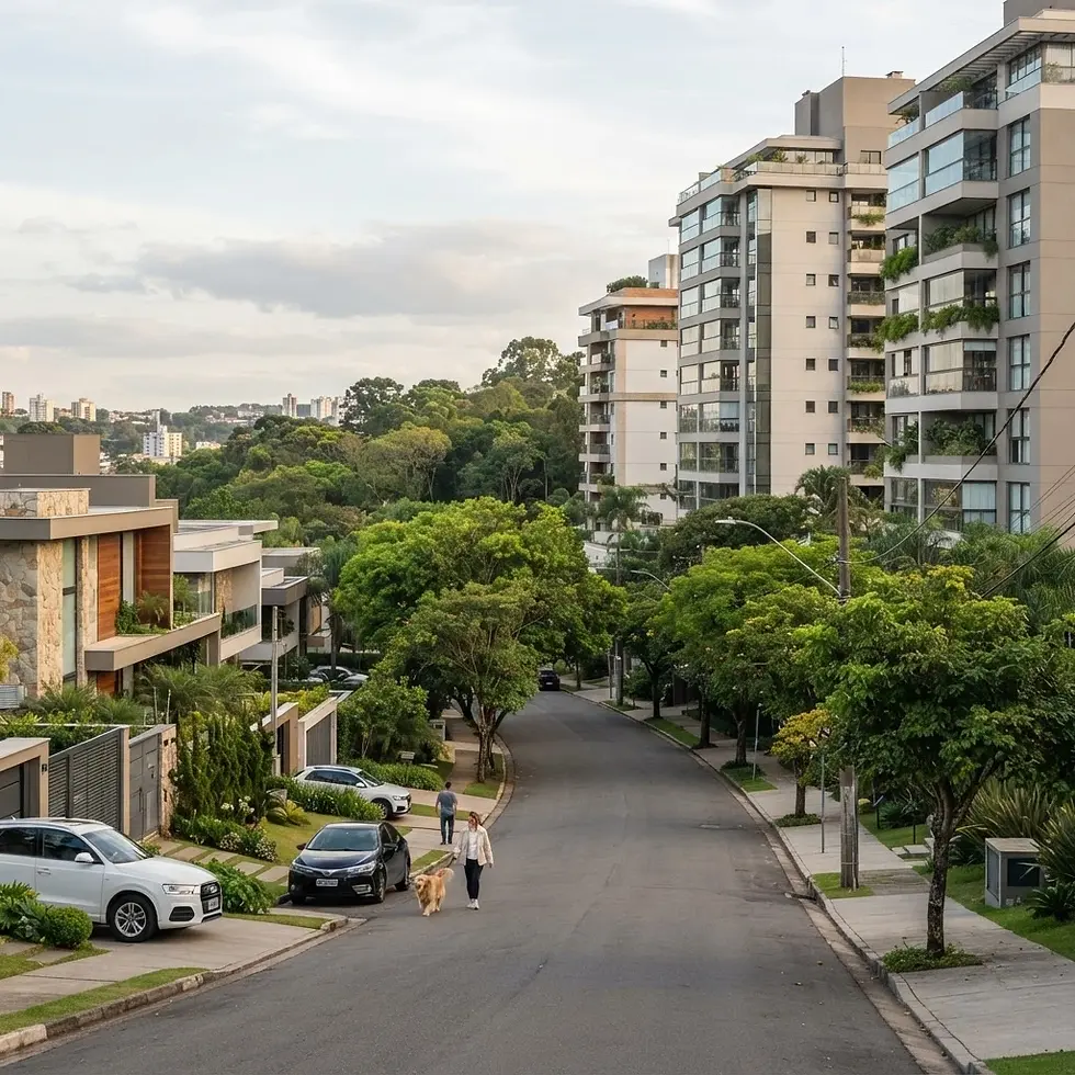 Urban photography of a tree-lined street in an upscale residential neighborhood with modern architecture. A couple walks their dog on a peaceful afternoon.