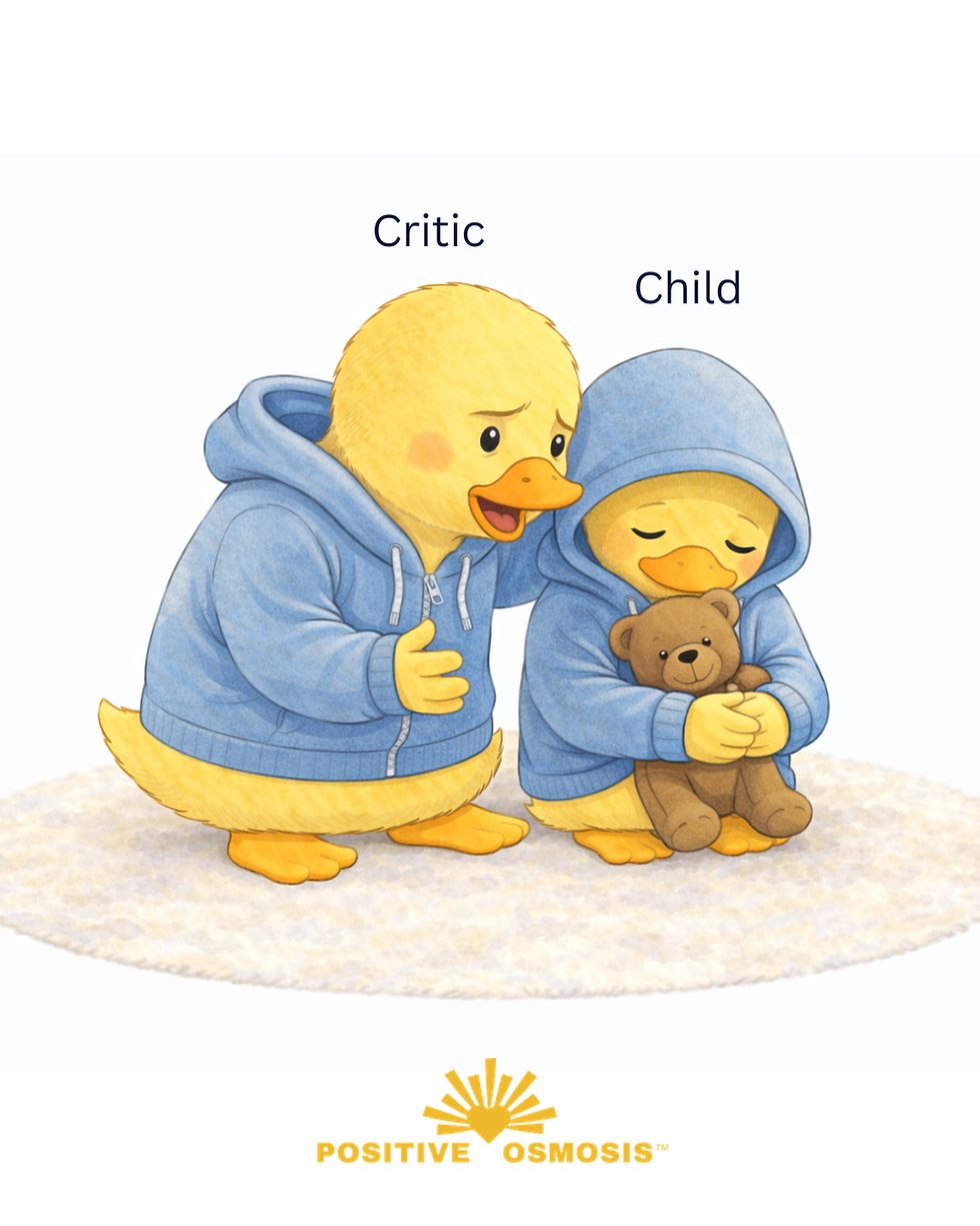 IFS duck illustration showing the inner Critic leaning in to whisper to the Child part, both wearing blue hoodies — representing how the Critic tries to protect the wounded inner child.