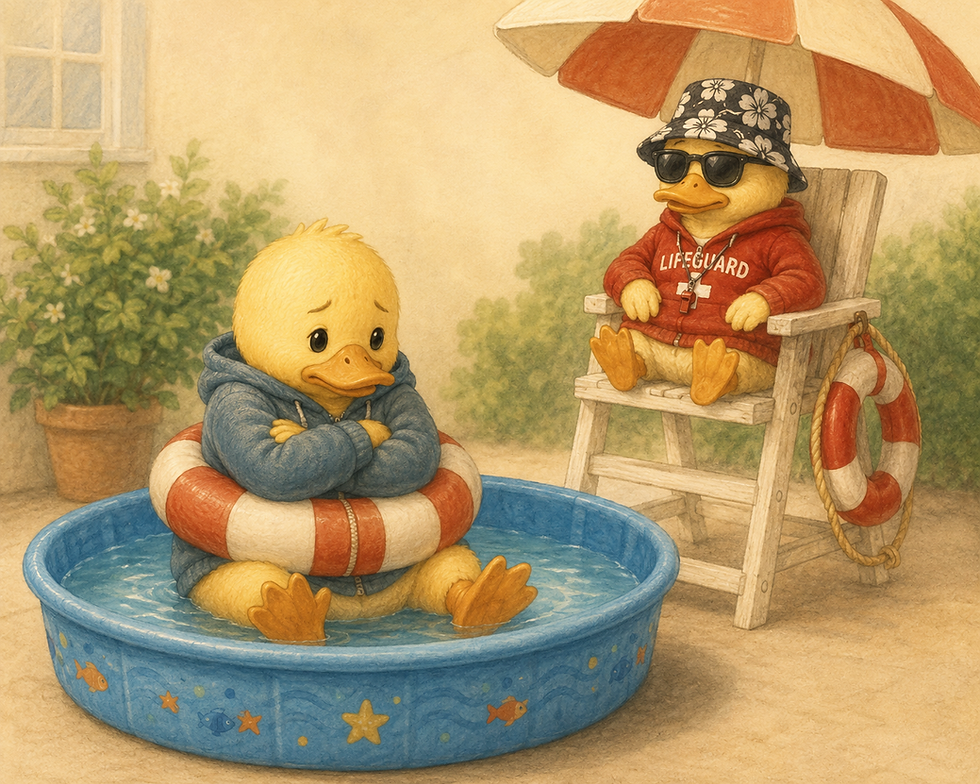 An adult duck wearing a life preserver sits in a small pool while a lifeguard duck watches nearby.