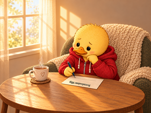 Duck in a red hoodie sitting with a permission slip, reflecting on giving ourselves permission.