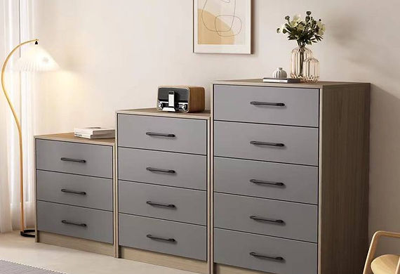 Grey chest of drawers in a bedroom