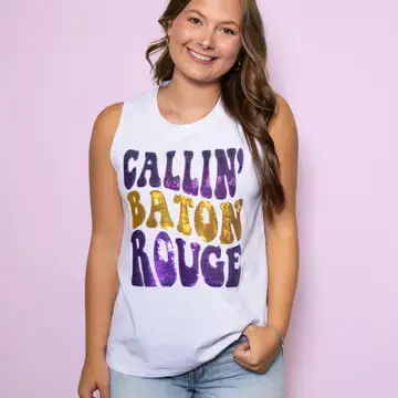 Callin' Baton Rouge Sequin White Women's Tank