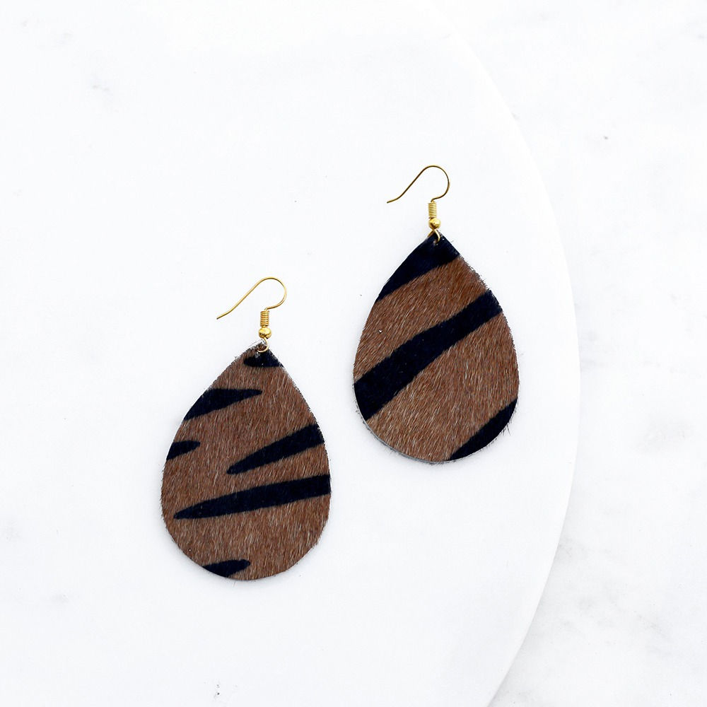 Tiger Print Leather Tear Earrings