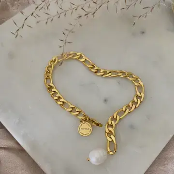 Gold plated Figaro chain bracelet pearl 18k stainless steel