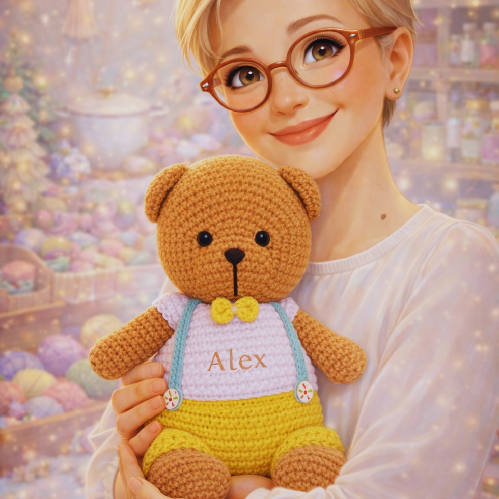 Thumbnail: Miss SweetSmelling holding Alex, a handmade crochet teddy bear with yellow trousers and pastel suspenders