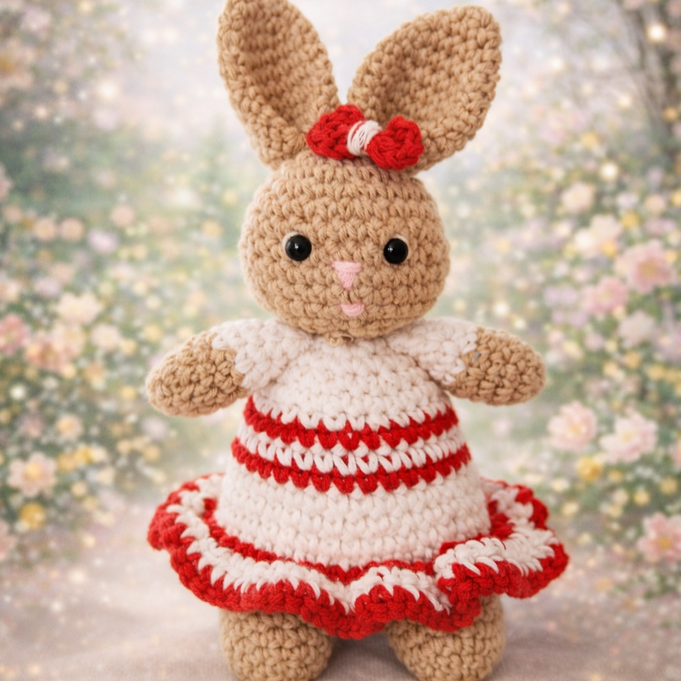 Handmade crochet bunny Loulou in a soft spring floral background, decorative amigurumi bunny gift