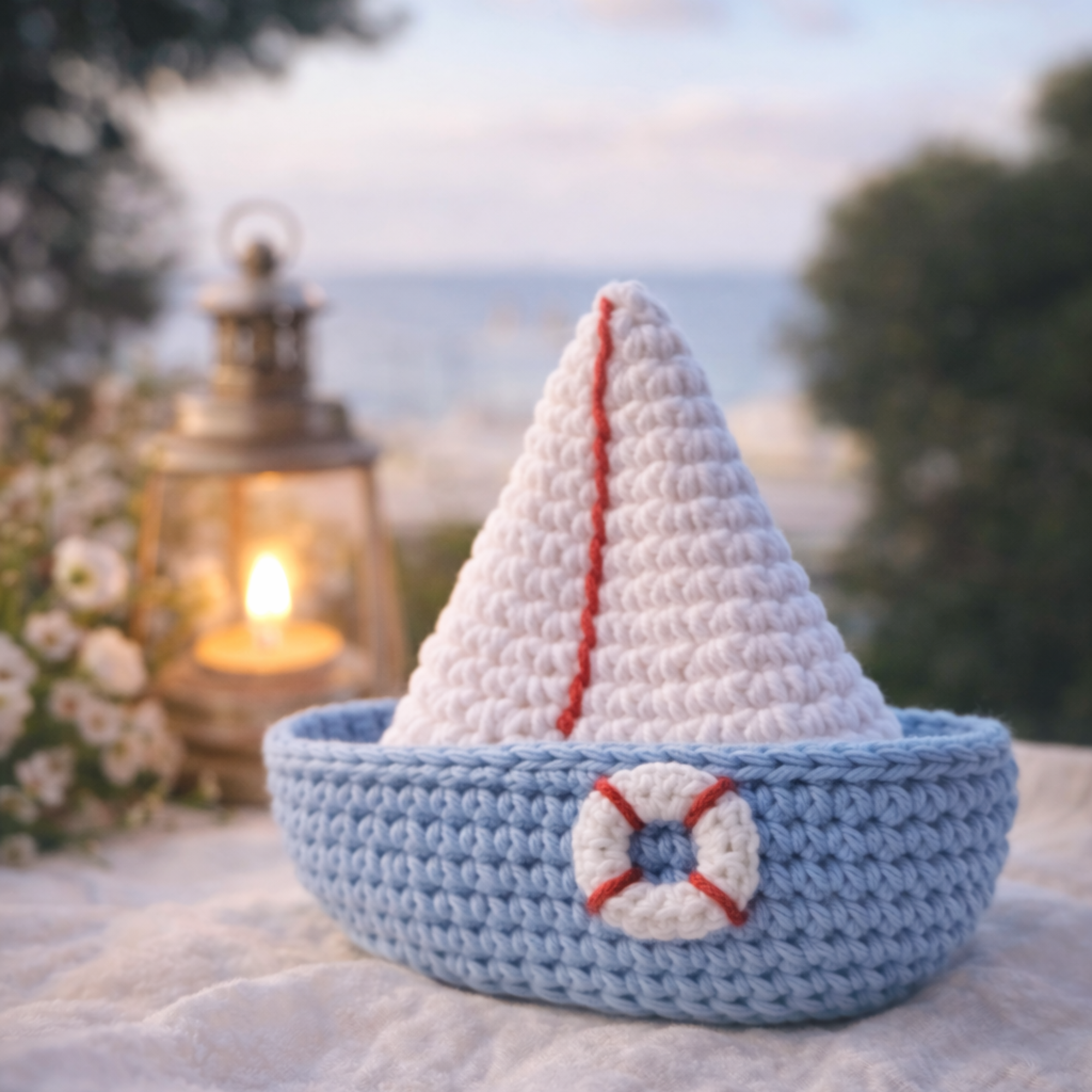 Handmade crochet sailboat decor from the Paros collection styled on soft fabric with lantern light and dreamy coastal backgro