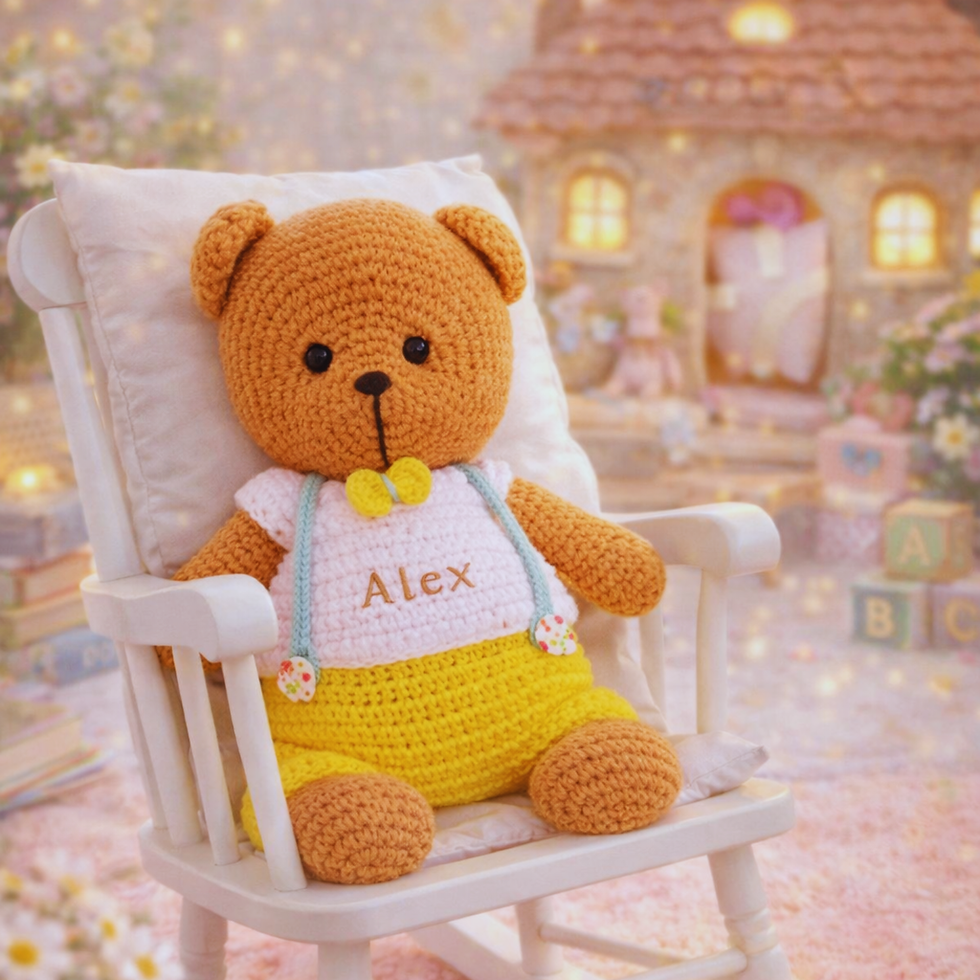 Handmade crochet teddy bear Alex sitting in a white rocking chair inside a dreamy pastel Fairyhouse room