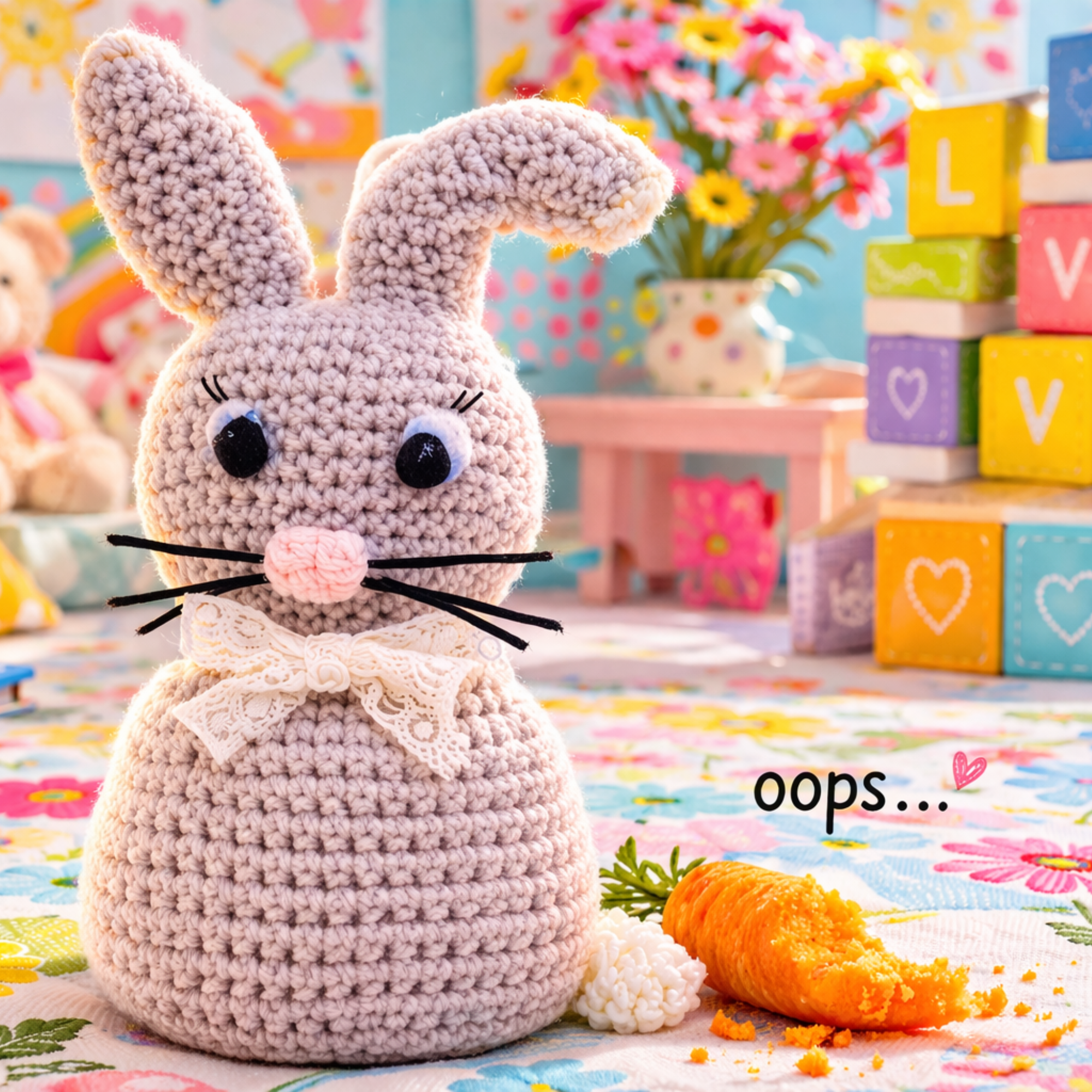 Handmade crochet bunny with a playful crooked ear and a bitten carrot, photographed in a soft pastel setting from my little F