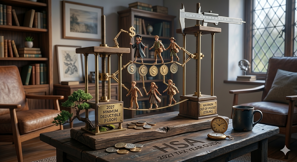 Miniature figures balancing in limbo, on a line of coins and currency icons on a wooden HSA 2027 tax year guide, between the 2027 minimum deductible floor and maximum out-of-pocket ceiling labels.