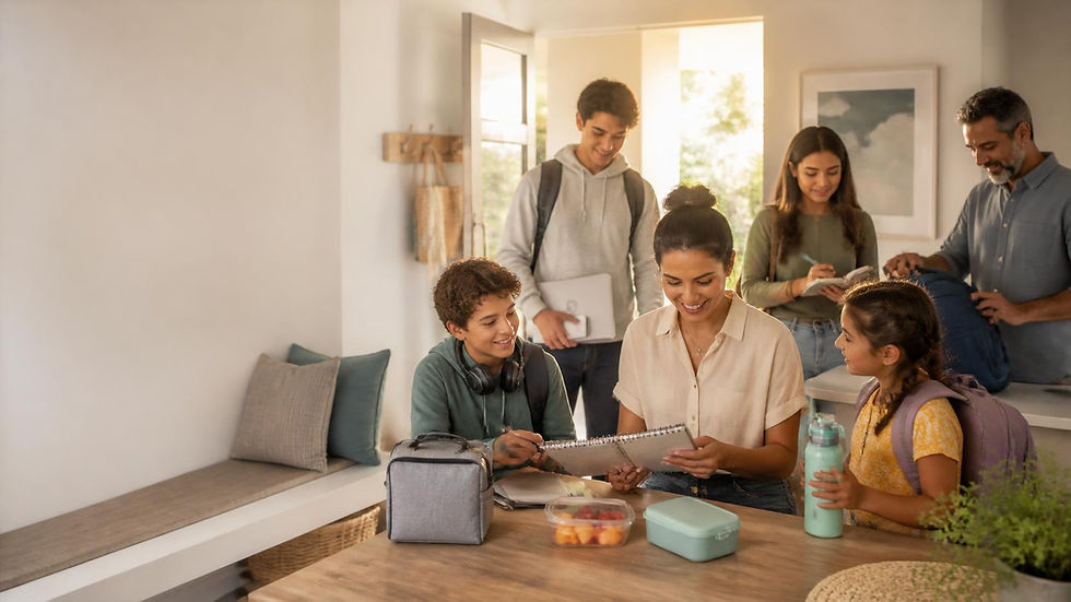Students preparing together - a bright home setting featuring children and teens with laptops, planners, and backpacks, emphasizing shared preparation.