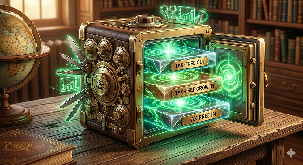 Steampunk safe on desk in study opens to glowing green blocks labeled TAX-FREE OUT, TAX-FREE GROWTH, TAX-FREE IN, using HSA POWER.