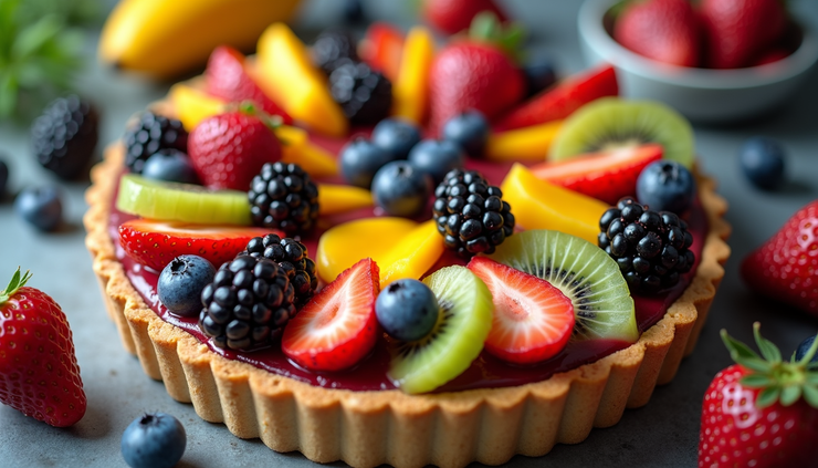 High angle view of a rainbow fruit tart with vibrant colors arranged in a circular pattern