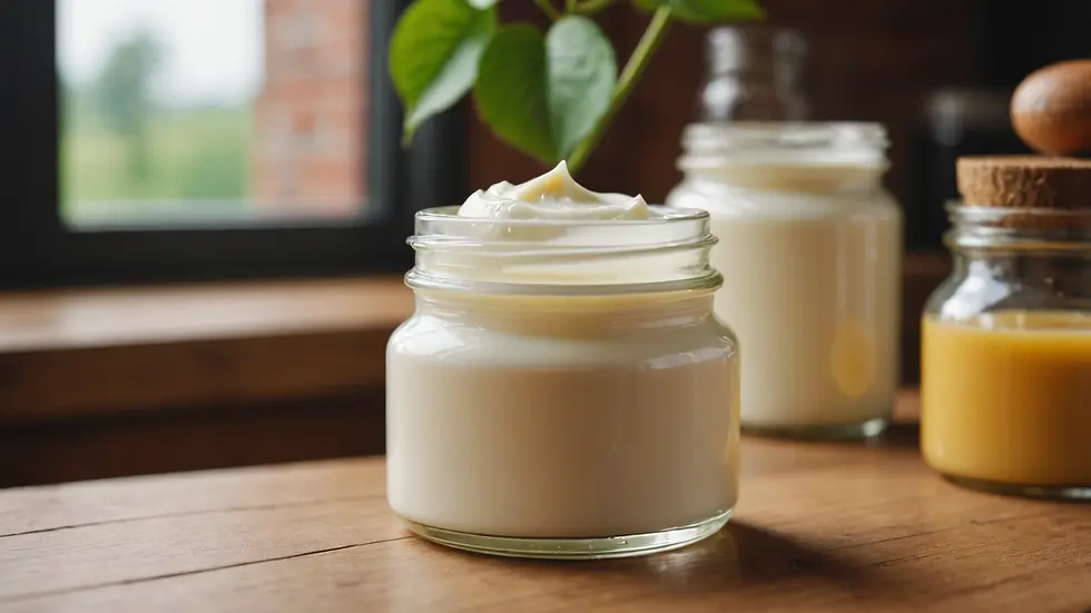 Eye-level view of homemade organic lotion in a glass jar