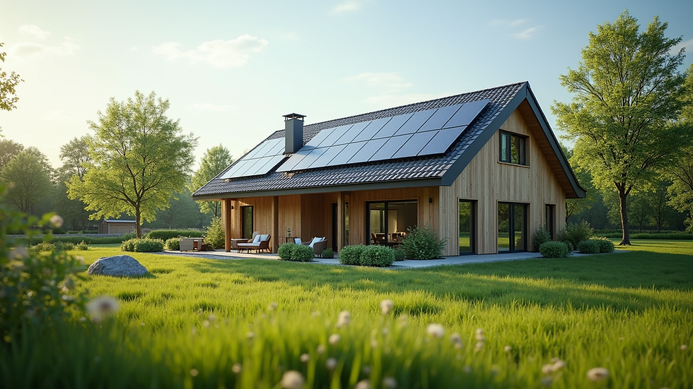 Wide angle view of a modern eco-friendly house with solar panels and green landscaping
